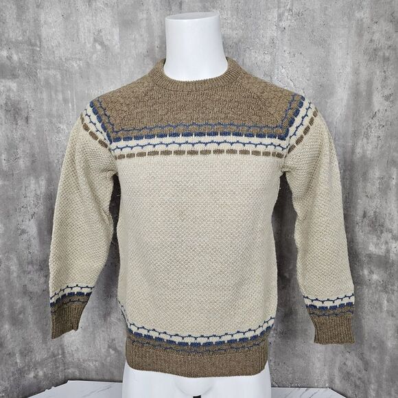 Vintage 70s Club John Mols France Mens Brown Blue Wool Blend Knit Jumper Sweater
